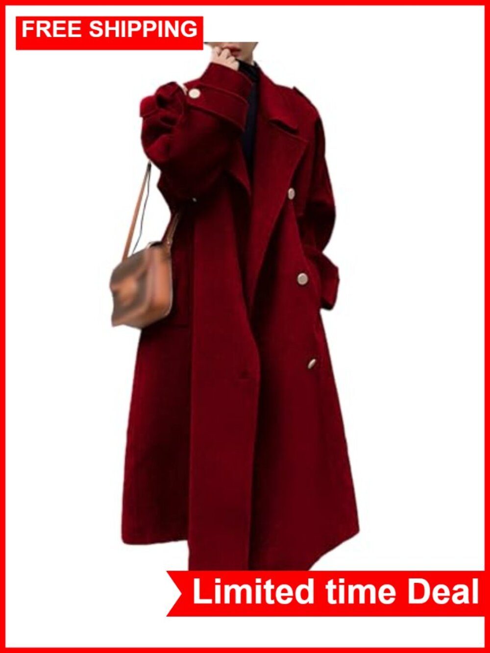 Women's Winter Wool Blend Pea Coat Double Breasted Trench Overcoat